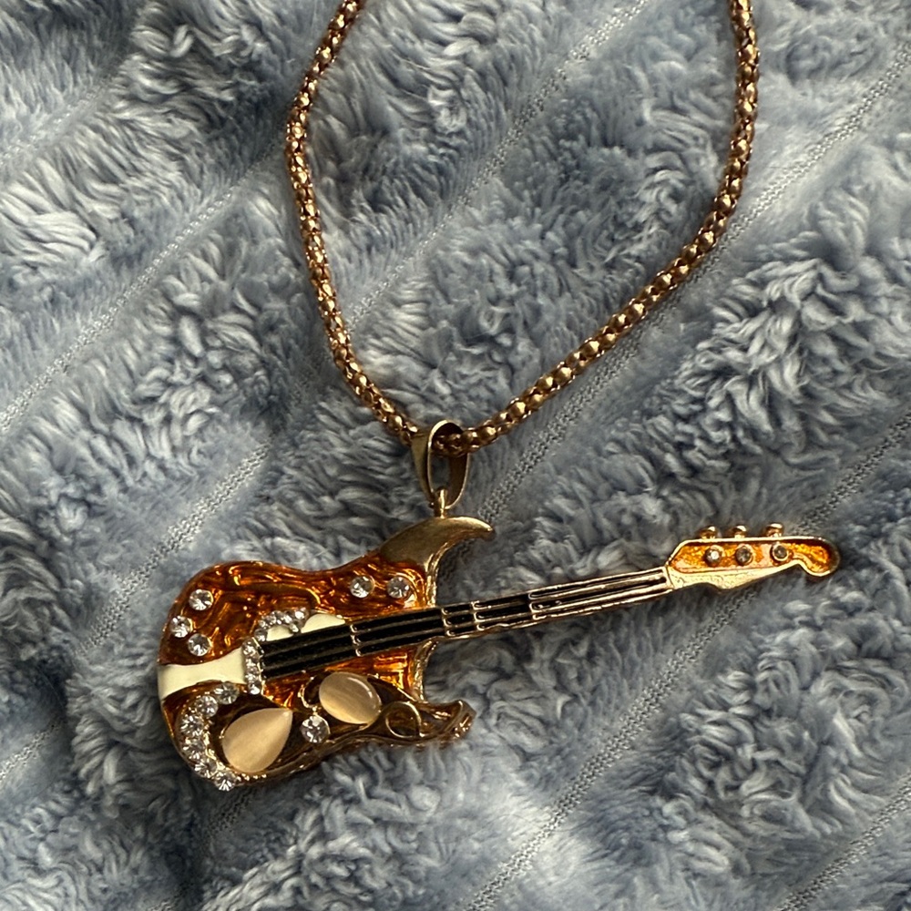 Betsey Johnson Kitsch Rocker Guitar Statement Necklace Orange Gold NWT